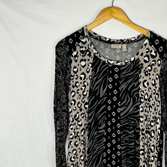 LOGO Lori Goldstein Long Sleeve Mixed Print Black Knit‎ Tunic Blouse Size Medium - Picture 2 of 9